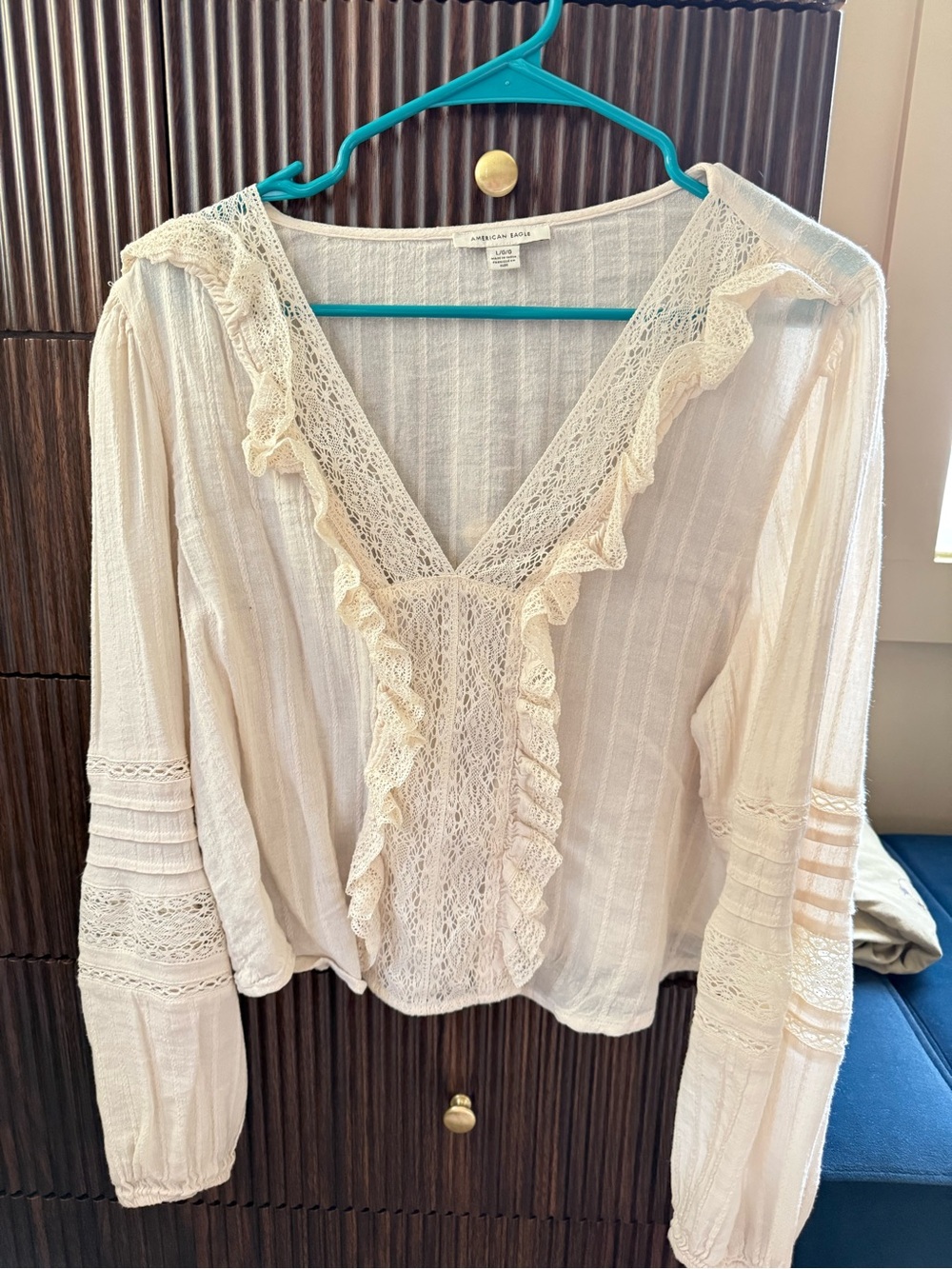 American Eagle Outfitters Cream Lace V-Neck Ruffle Blouse